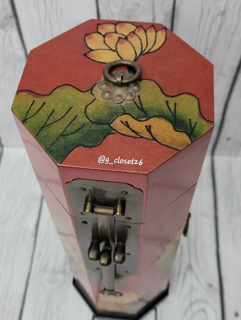 Vintage octagonal Asian Tower Box with Antique Brass Accent